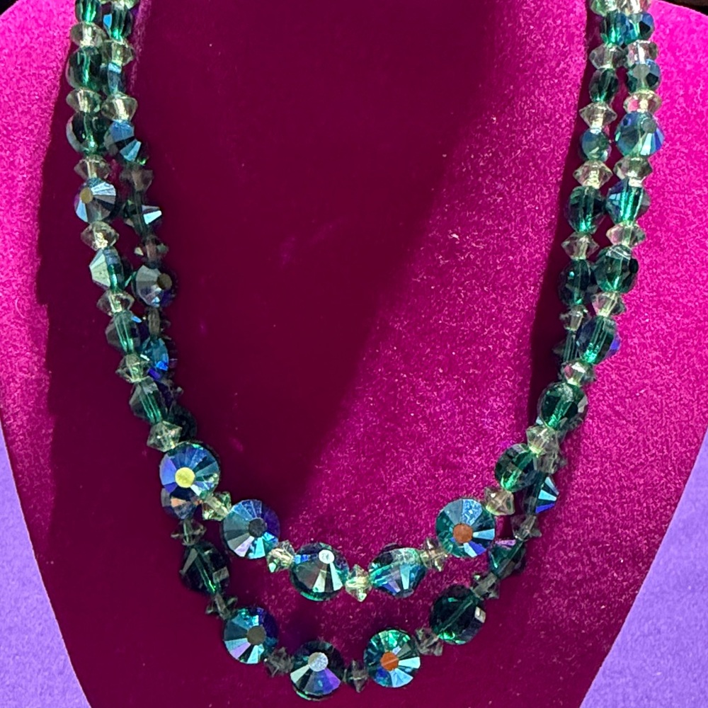 Elegant Vintage Green Blue AB 2 Strand Crystal Choker Necklace (1)